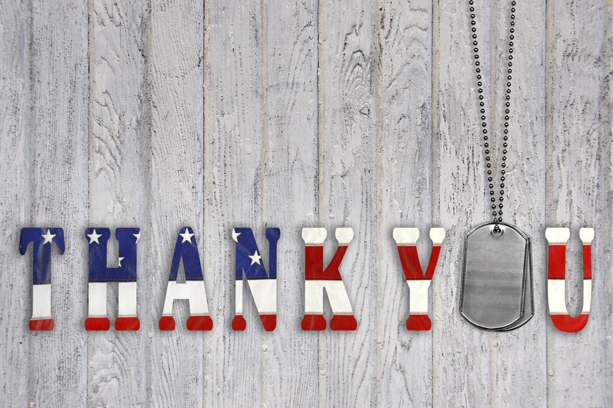 Thank you lettering in red, white, and blue. 